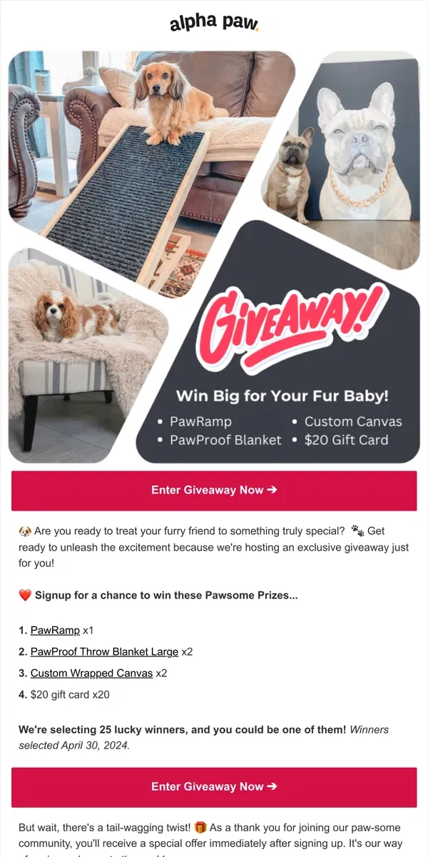 Email from Alpha Paw. 🎉 Exclusive Giveaway Alert: Win Pawsome Prizes!