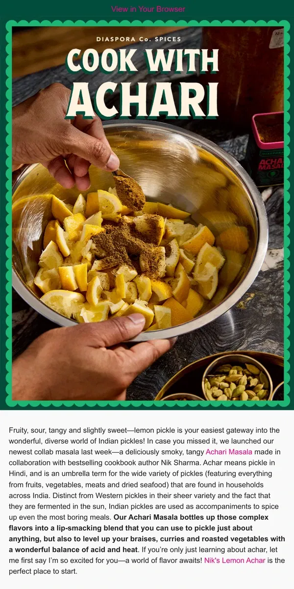 Email from Diaspora Co.. What to Cook with Achari Masala