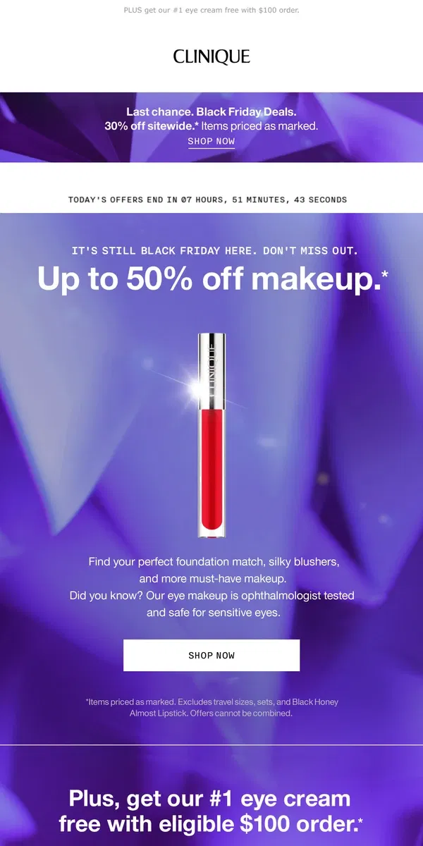 Email from Clinique. MAKEUP FLASH SALE 💋 Up to 50% off makeup + 30% off sitewide!