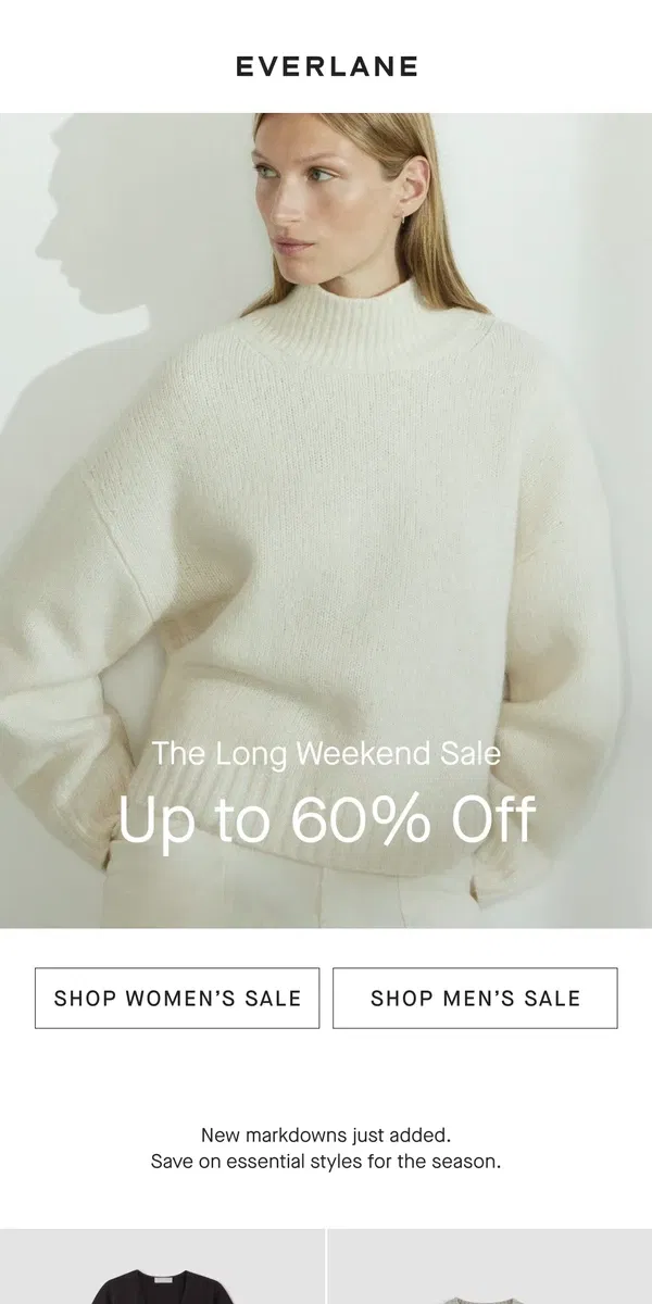 Email from Everlane. Up to 60% Off: Long Weekend Sale