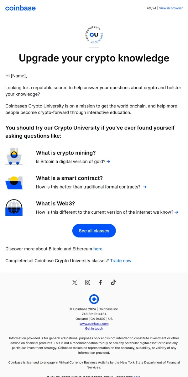 Email from Coinbase. Supercharge your crypto knowledge