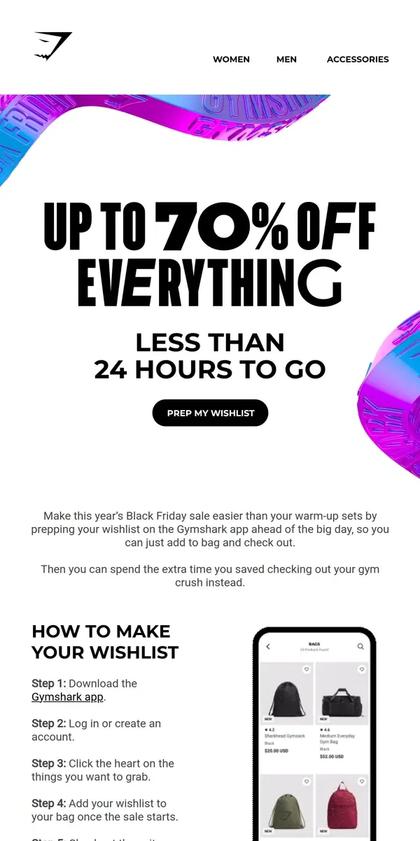 Email from Gymshark. Black Friday: Less than 24 hours to go… ⏰