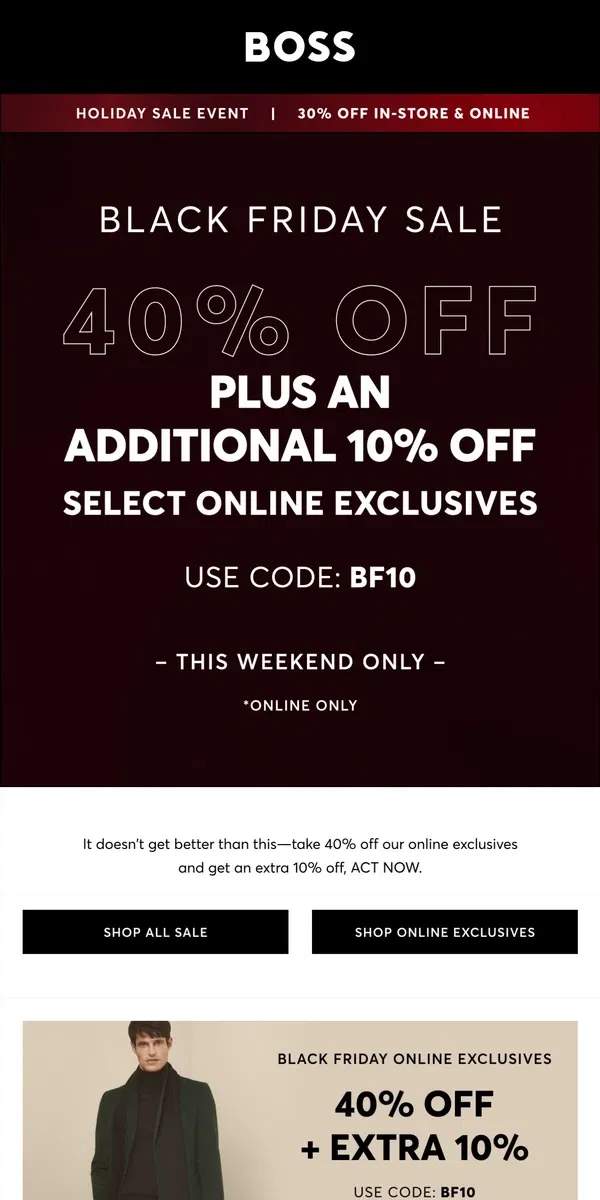 Email from HUGO BOSS. Black Friday Savings 40% off + extra 10%