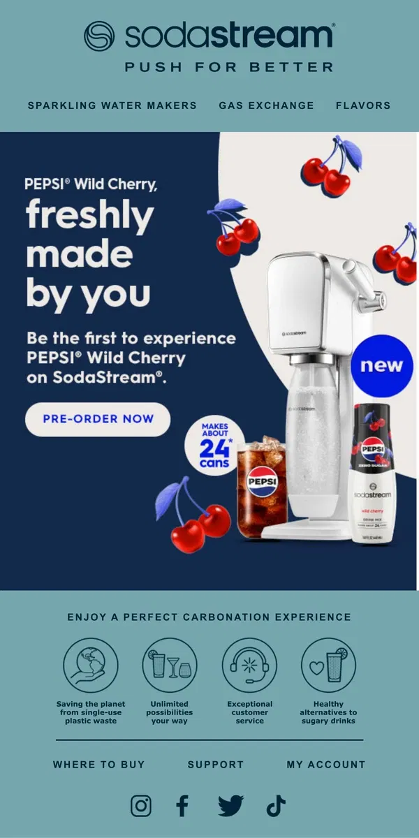 Email from SodaStream. Get VIP Access to SodaStream PEPSI© Wild Cherry Beverage Mixes