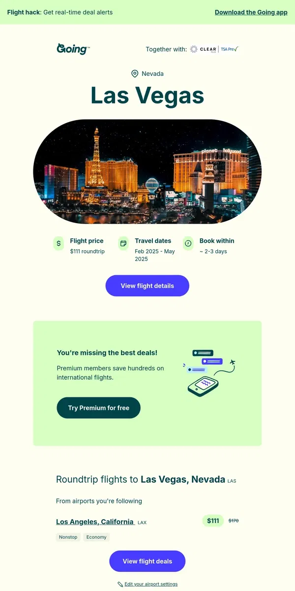 Email from Going. 🎰 *nonstop, free bags* Las Vegas —  $111 (Feb-May)