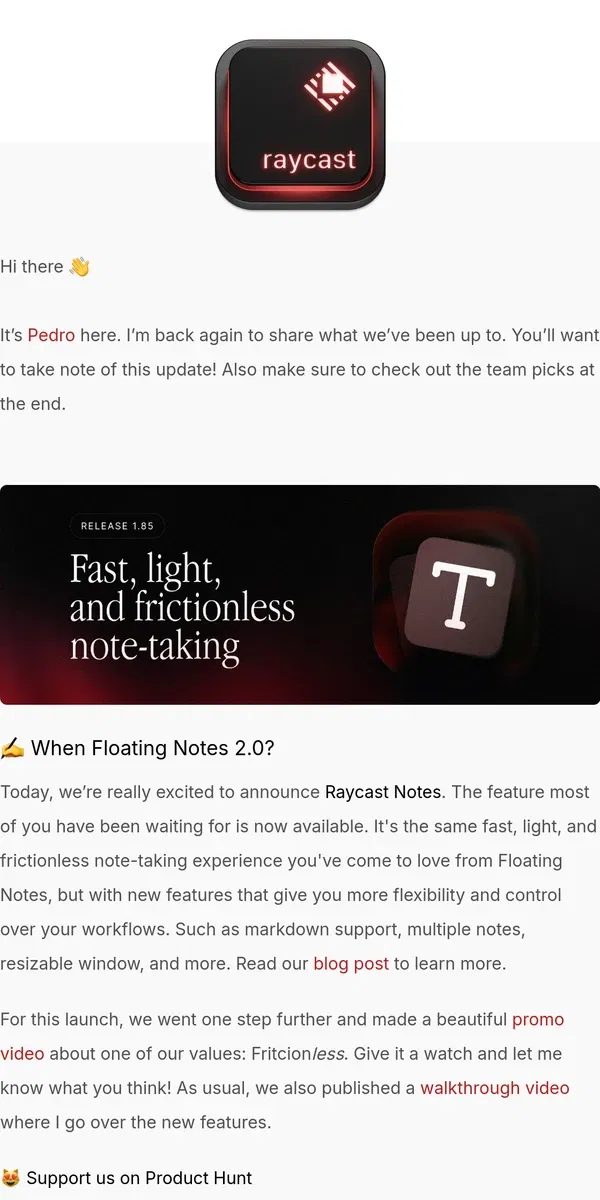 Email from Raycast. ✍️ Raycast Notes is Finally Out