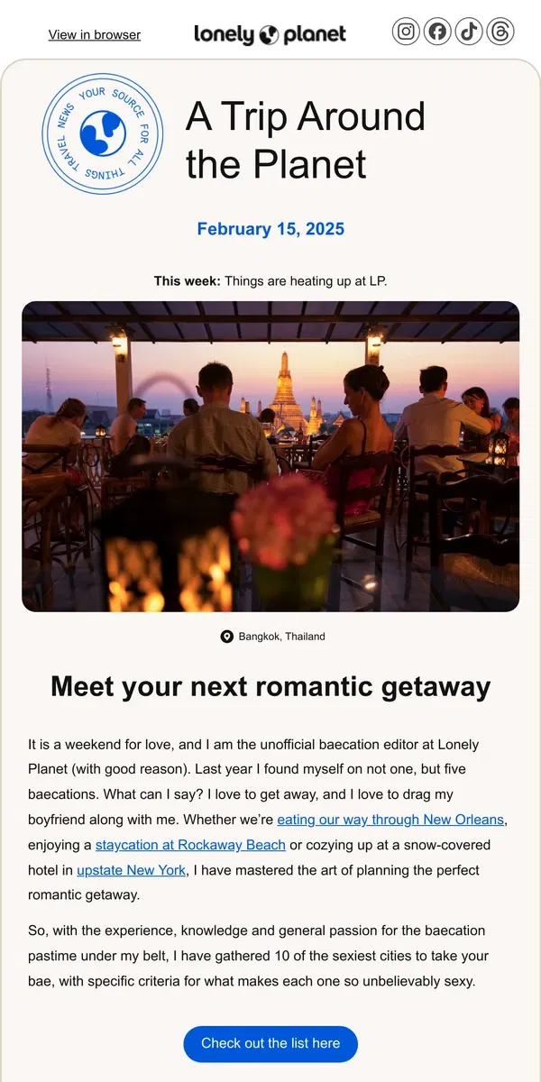 Email from Lonely Planet. Romantic getaways for any time of year