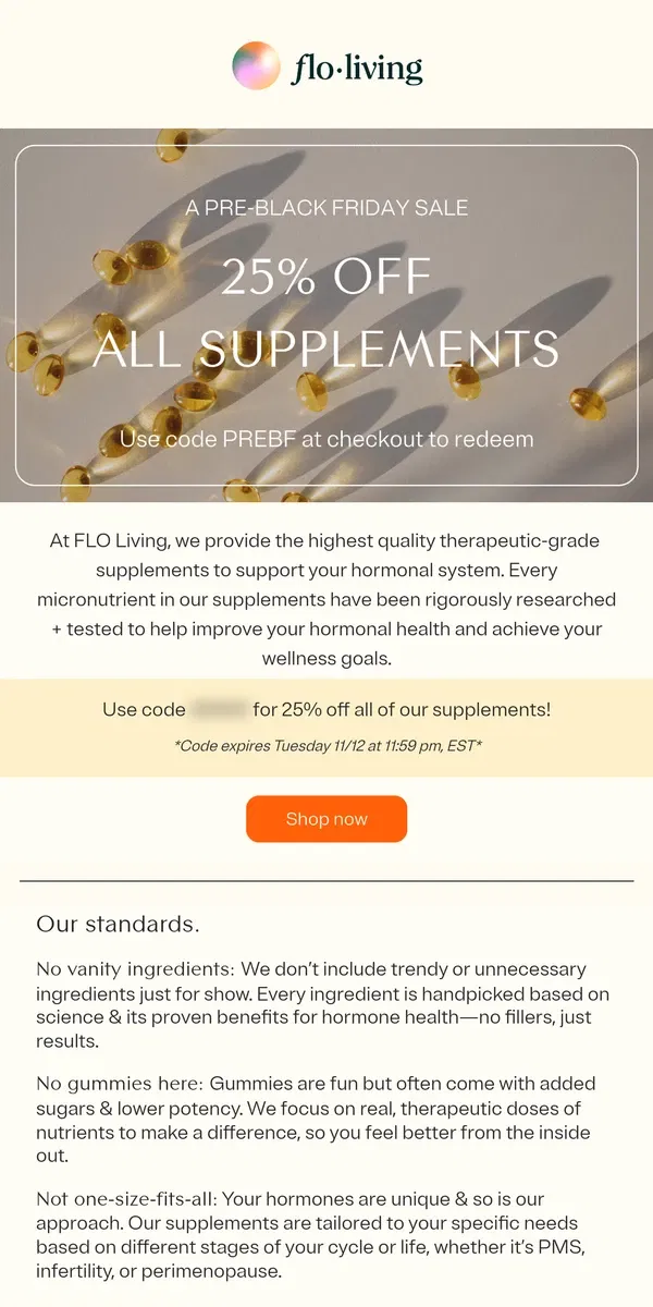 Email from FLO Living. Our pre-Black Friday sale 💊 25% off ALL supplements!