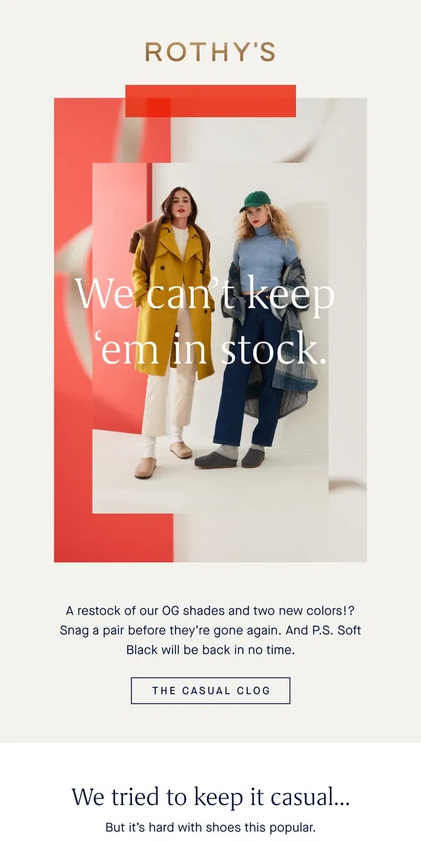 Email from Rothy's. CLOG RESTOCK + 2 new shades.