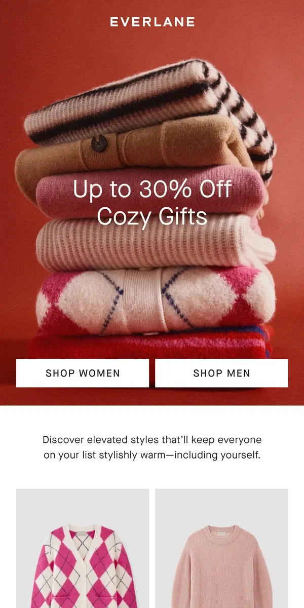 Email from Everlane. Up to 30% Off: Cozy Gifts For All