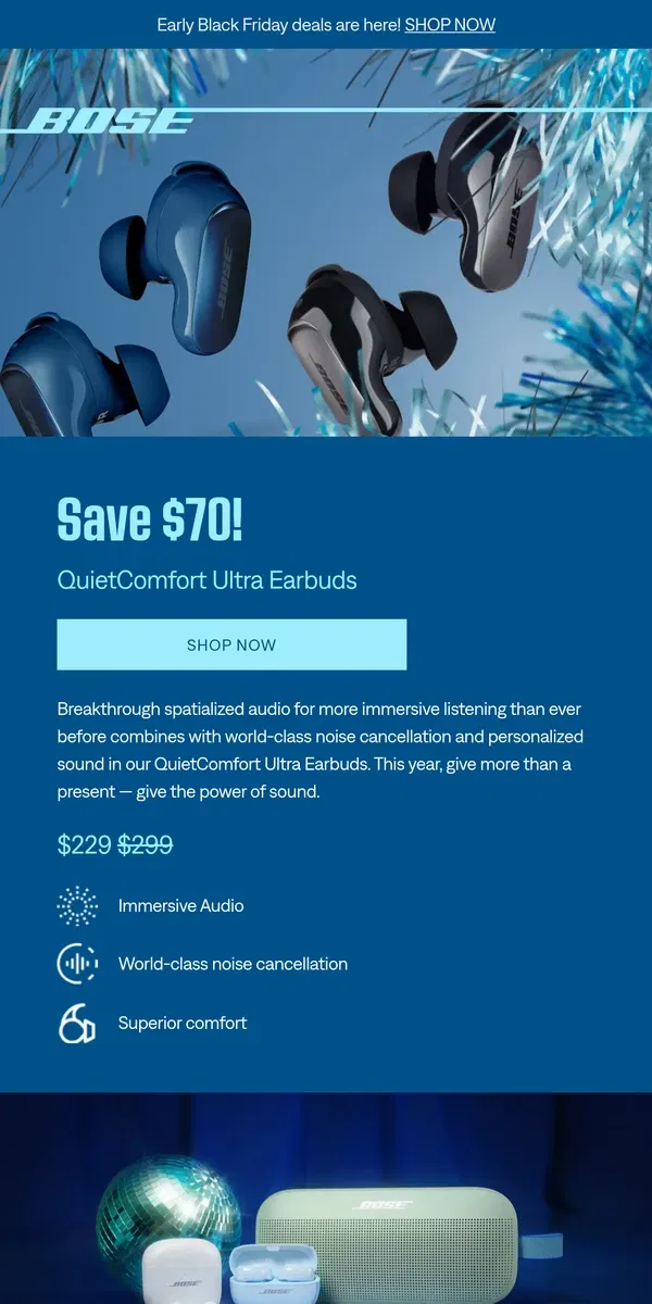 Email from Bose. NEW DEAL: Save $70 on QuietComfort Ultra Earbuds!