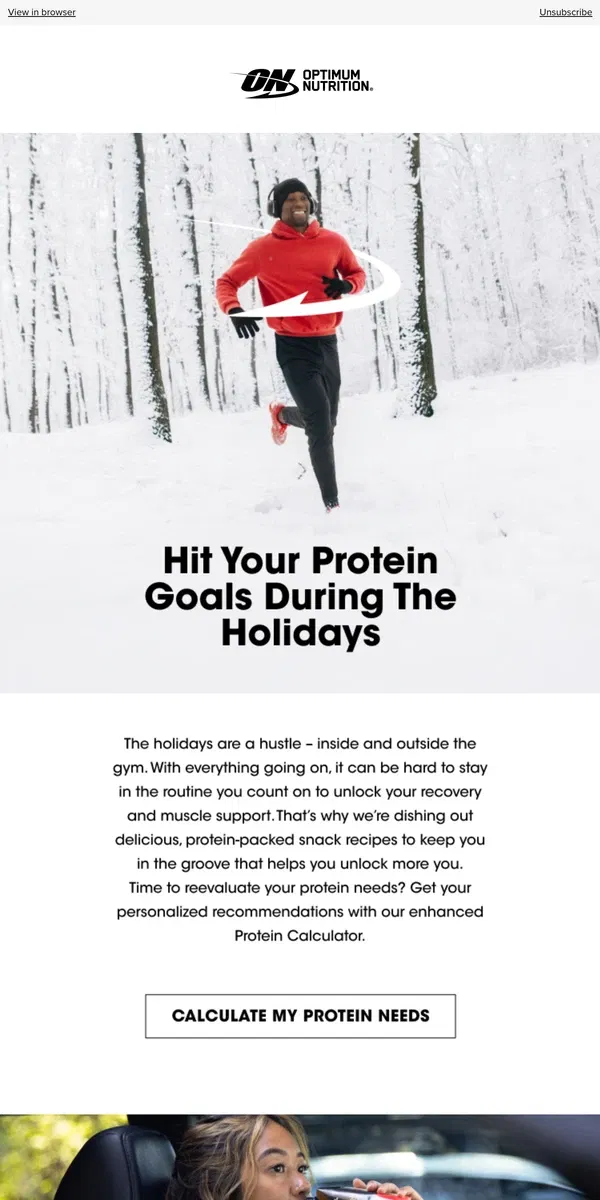 Email from Optimum Nutrition. Unlock Recovery Through the Holidays ❄️🔐