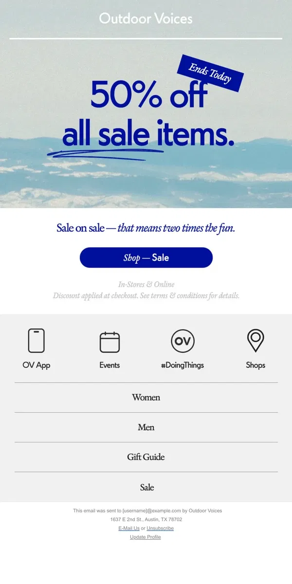 Email from Outdoor Voices. 50% off all sale – ends soon.