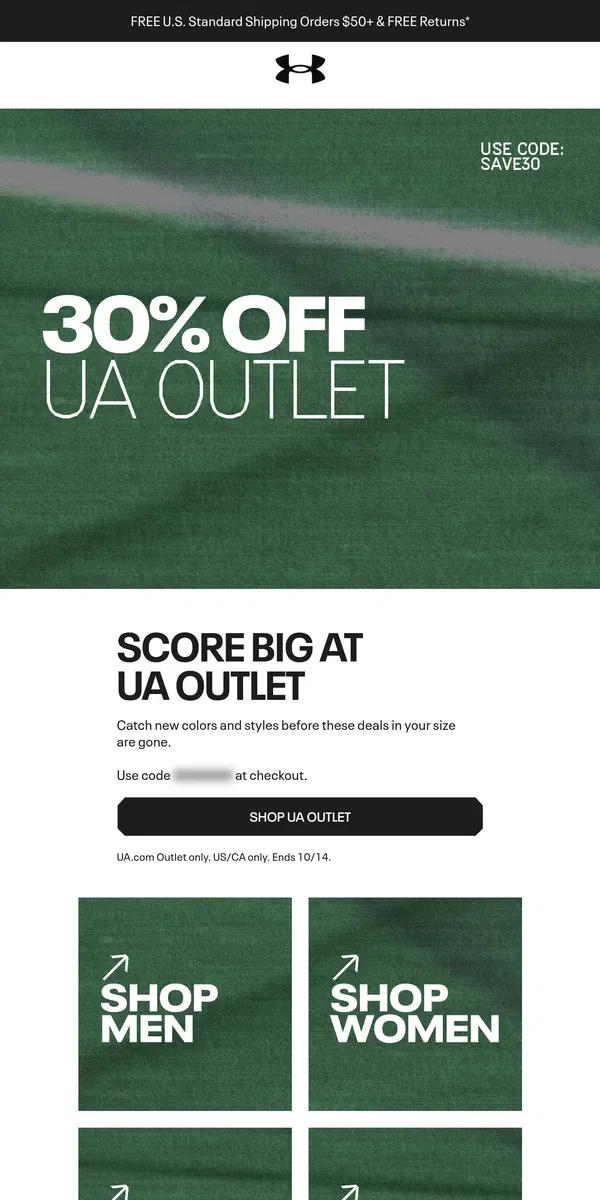 Email from Under Armour. 30% off UA Outlet starts now!