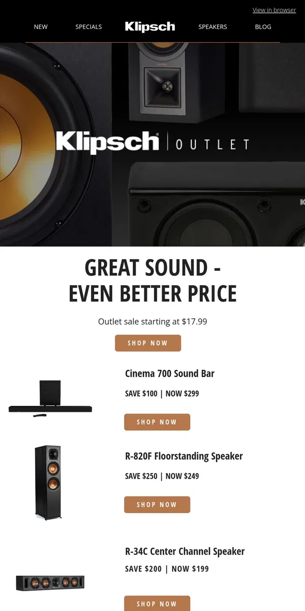 Email from Klipsch. OUTLET SALE | Rock N' Roll For Less