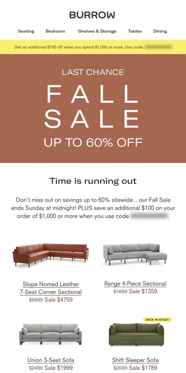 Email from Burrow. The clock is ticking on Fall Sale savings