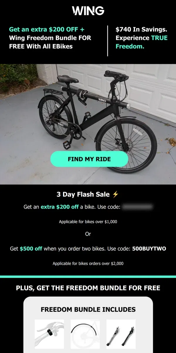 Email from Wing Bikes. VIP OFFER: $740 in savings