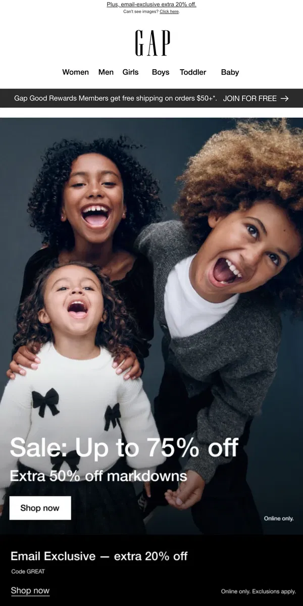 Email from GAP. You're receiving up to 75% off — including markdowns & more