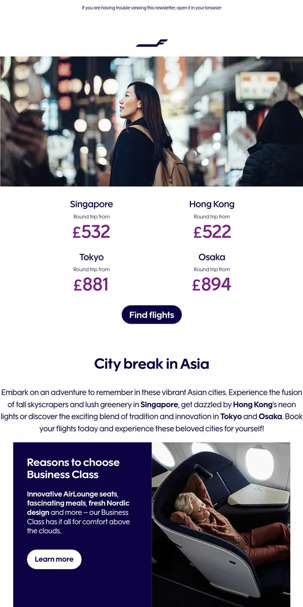 Email from Finnair. Create unforgettable memories in Asia