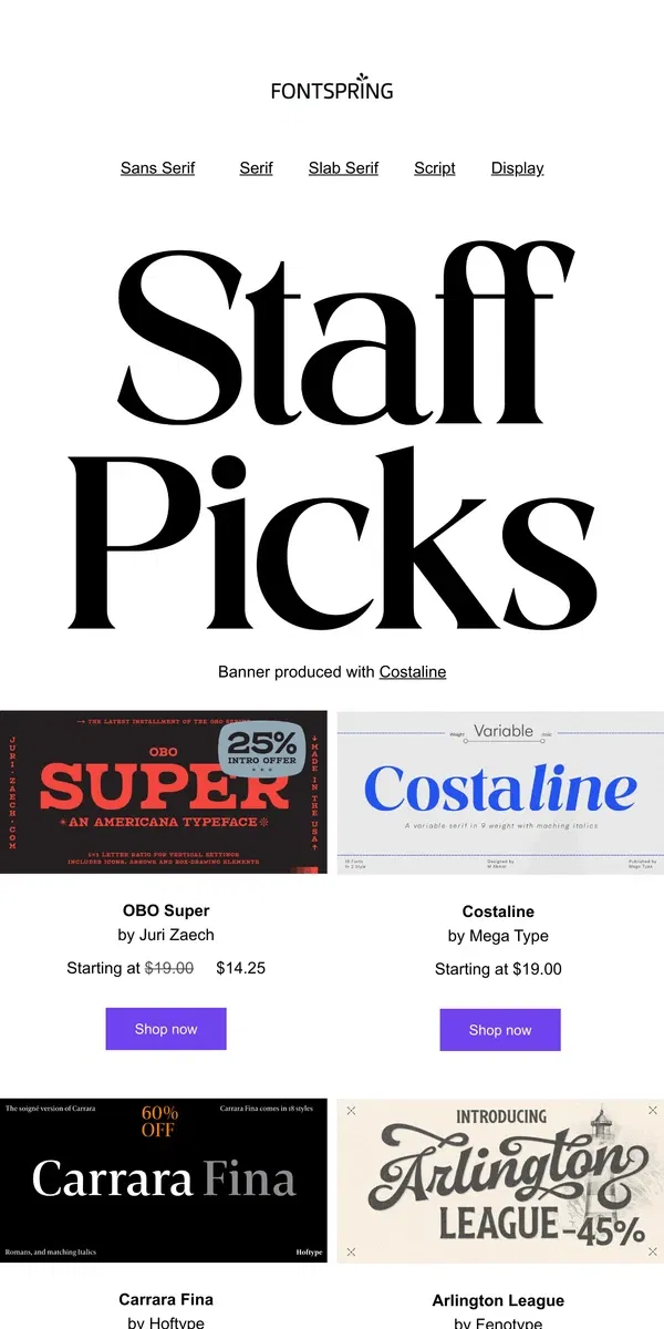 Email from Fontspring. Staff Picked Fonts | Fontface