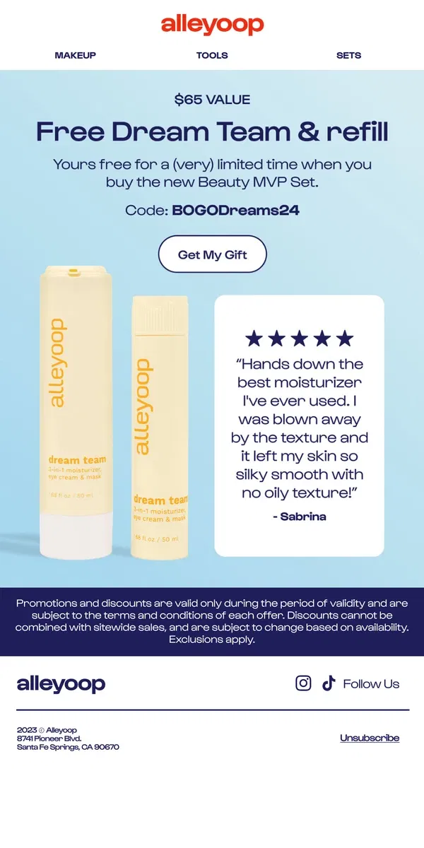 Email from Alleyoop. OMG! Free moisturizer & refill inside