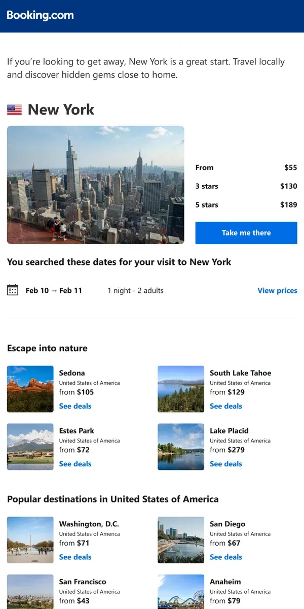 Email from Booking.com. Don’t forget your search for New York – prices as low as $55!