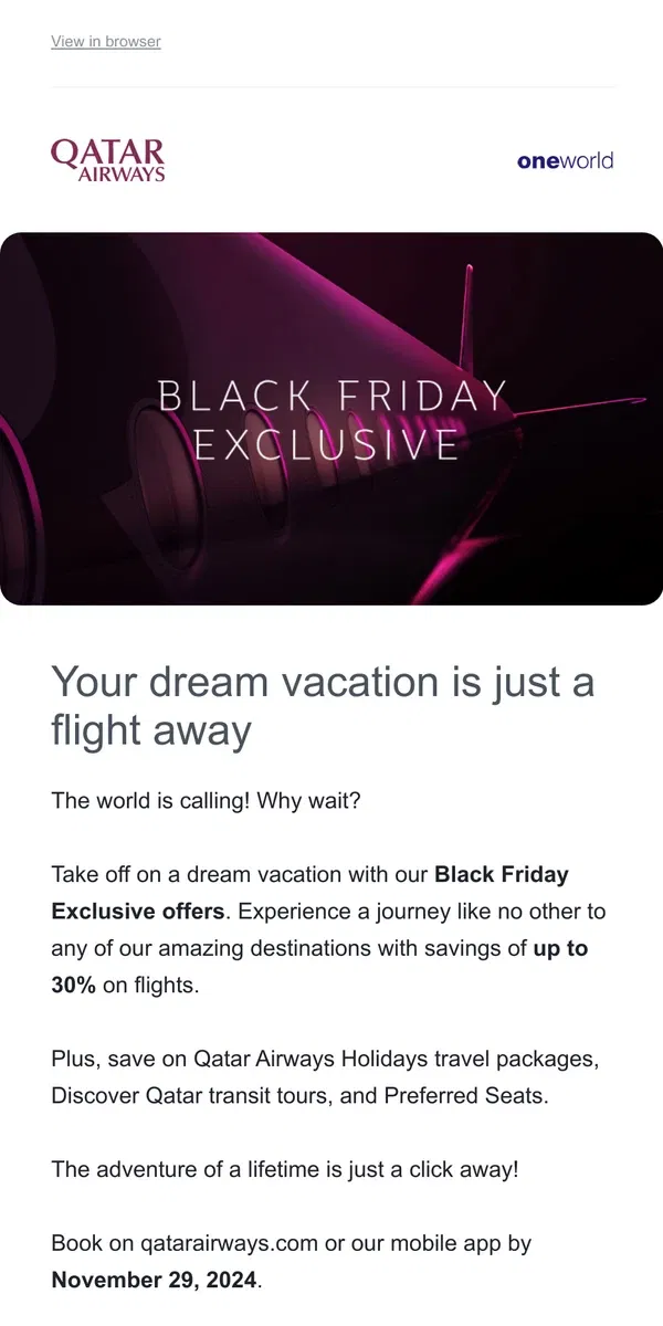 Email from Qatar Airways. Too good to miss: Black Friday Exclusive