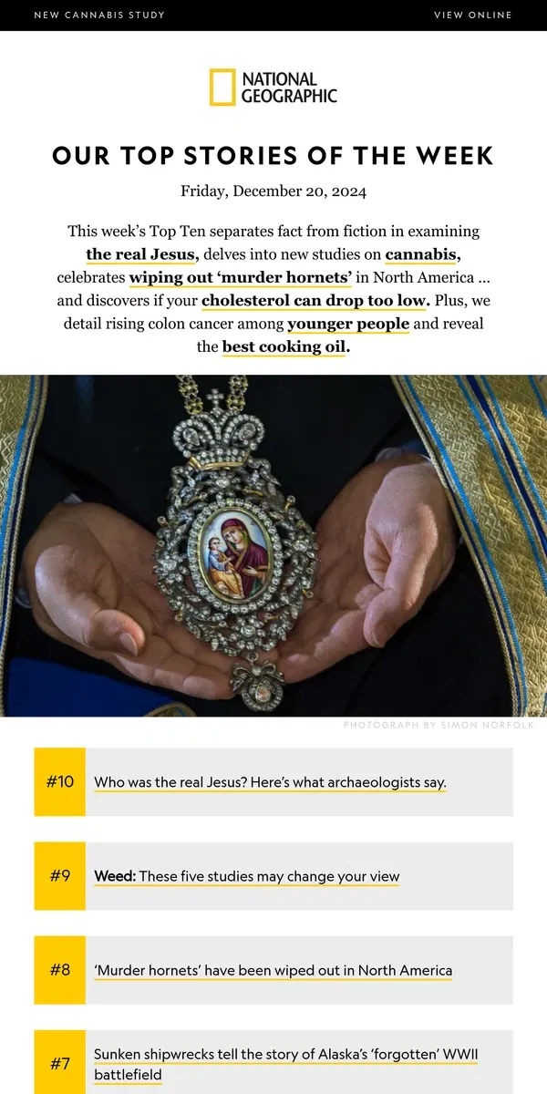 Email from National Geographic. TOP TEN: The ‘real’ Jesus, according to archaeologists. Plus, new cannabis findings; wiping out ‘murder hornets’; good’ carbs