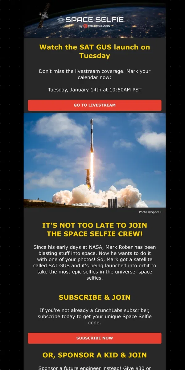 Email from CrunchLabs. SAT GUS launches Tuesday! 🚀