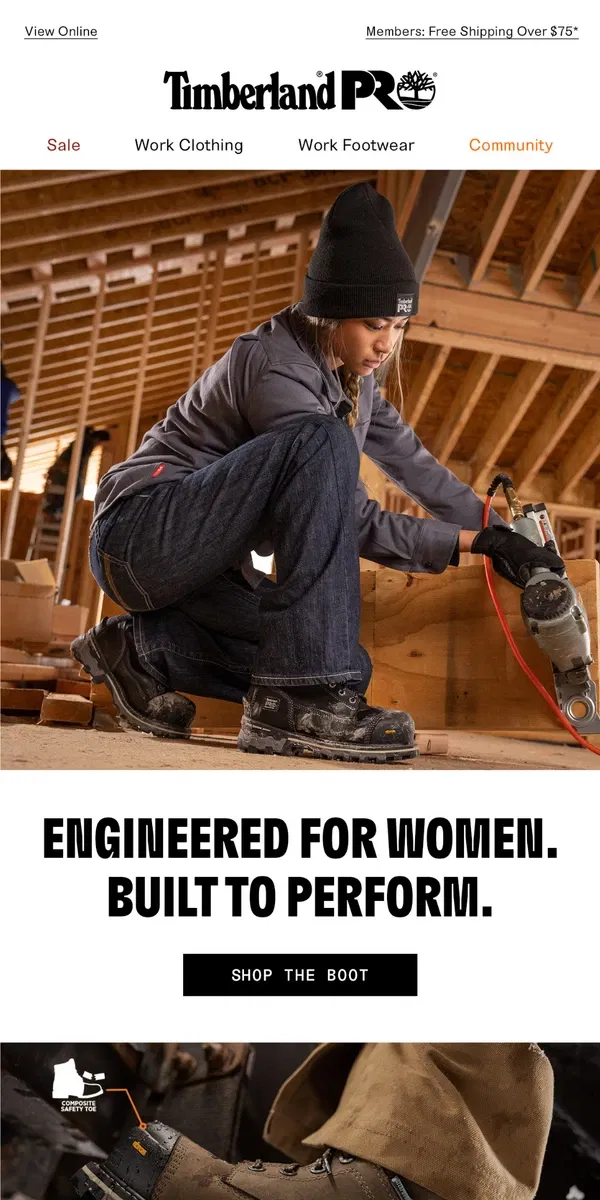 Email from Timberland. NEW Boondock Work Boots. Engineered For Women.