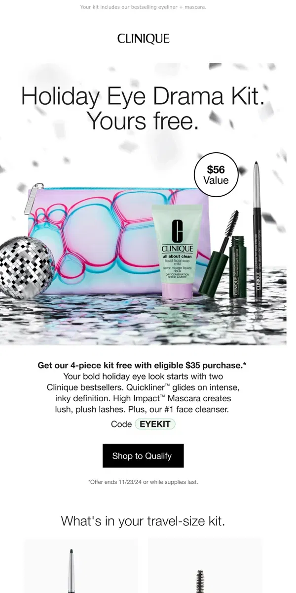 Email from Clinique. Holiday Eye Drama Kit 🤩 Yours free with $35 order.