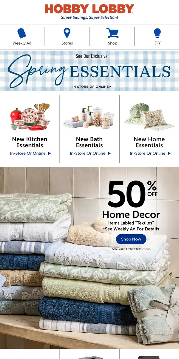 Email from Hobby Lobby. Renew Your Bath – 50% Off Home Decor