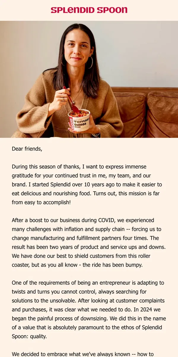 Email from Splendid Spoon. From Our Founder: A Message of Gratitude