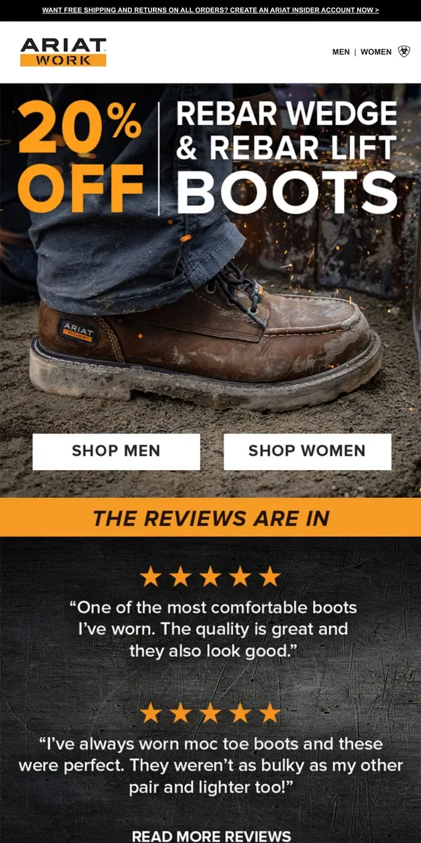 Email from Ariat. Final Hours: 20% Off Rebar Work Boots