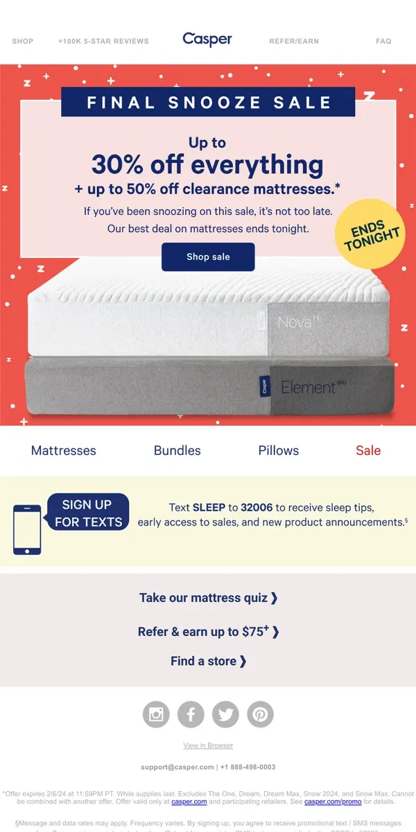 Email from Casper. Ends tonight: Up to 50% off clearance mattresses.