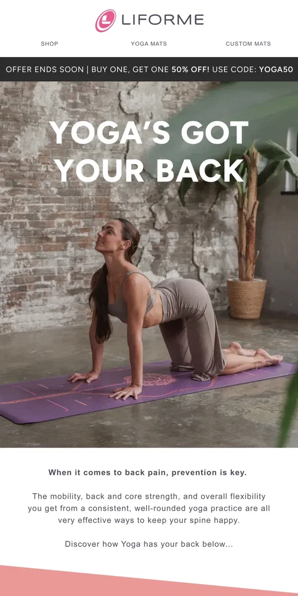 Email from Liforme. Yoga's got your back 🧘