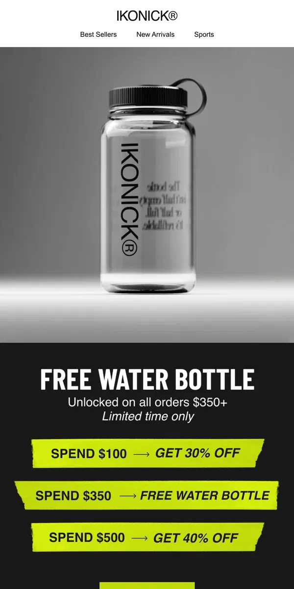 Email from IKONICK. FREE Water Bottle 💦