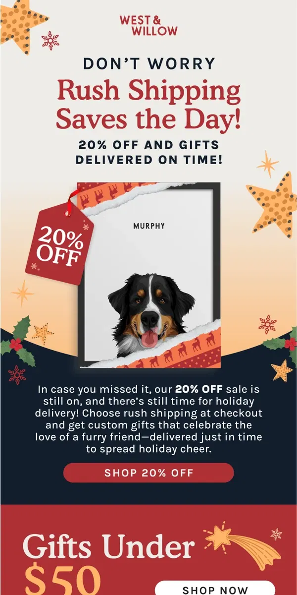 Email from West & Willow. Save 20% & Choose Rush Shipping for Holiday Delivery! 🎁