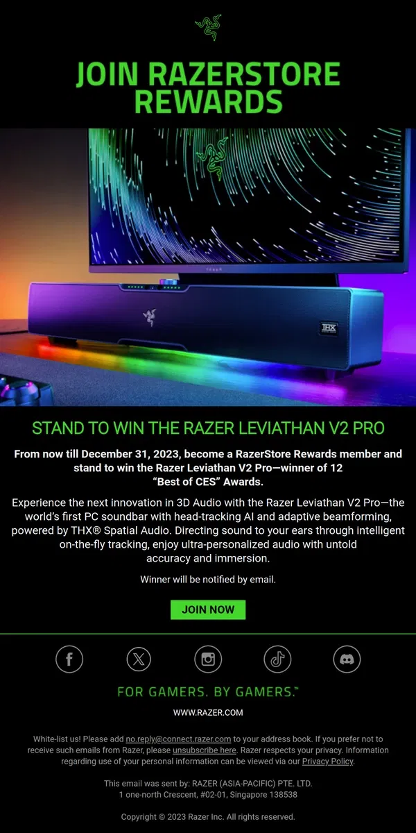 Email from Razer. Stand to Win the Razer Leviathan V2 Pro