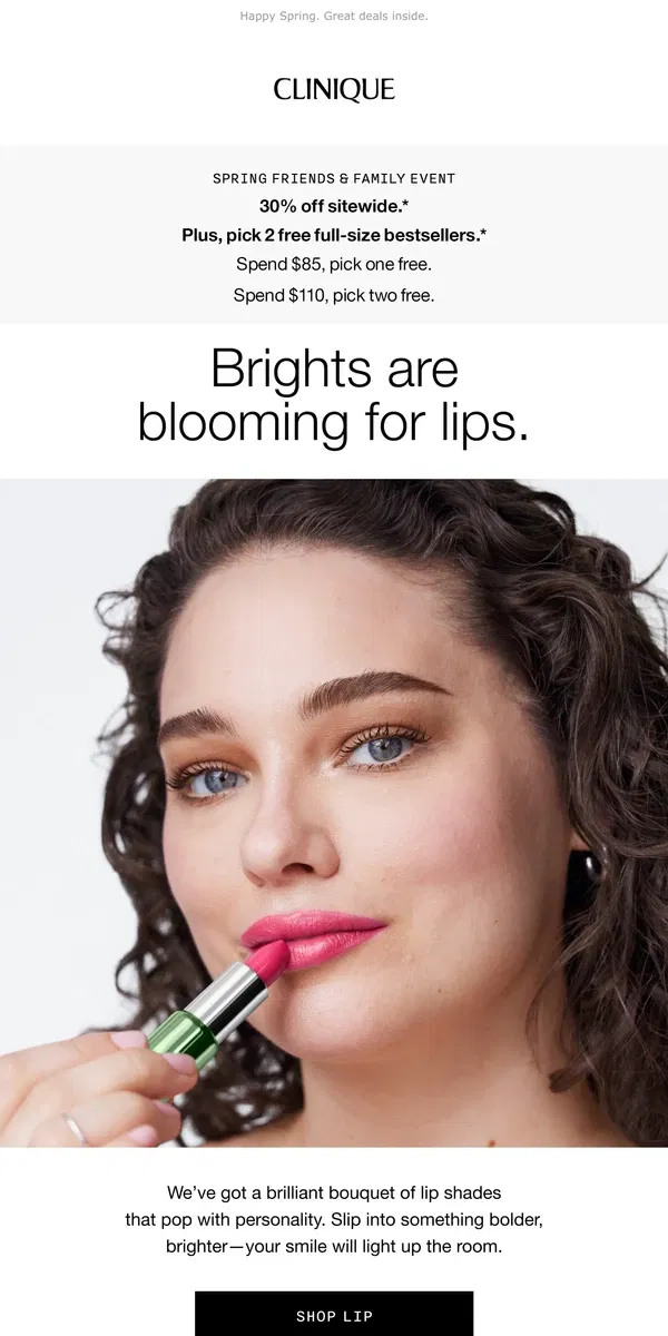 Email from Clinique. 💄Bright spring lip shades 💋 30% off!