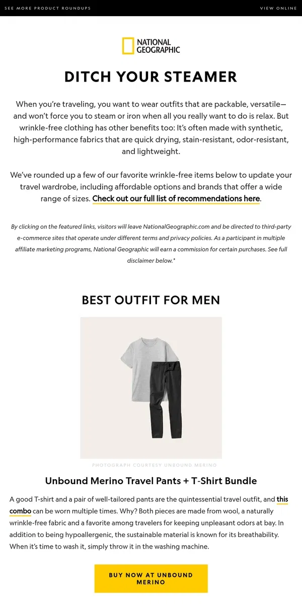 Email from National Geographic. Wrinkle-free travel clothes for your next trip