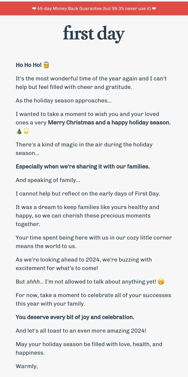 Email from First Day. Season's greetings from First Day 🎄