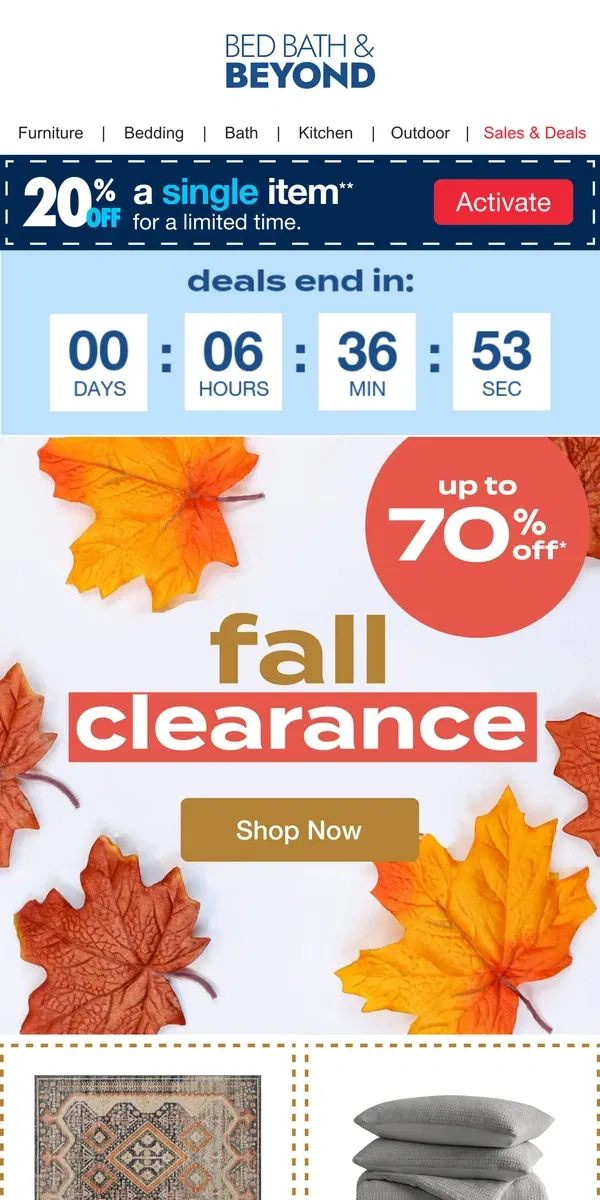 Email from Bed Bath & Beyond. LAST CHANCE: Fall Clearance Event Ends TONIGHT