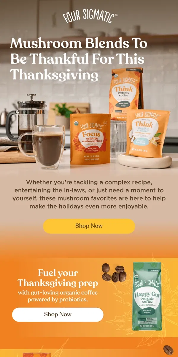 Email from Four Sigmatic. Mushrooms To Master Your Feast