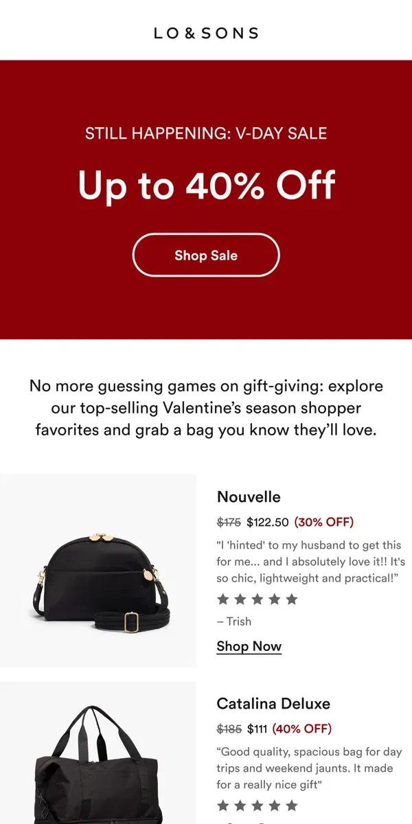 Email from Lo & Sons. Valentine's Sale Top Picks 💓 Up to 40% Off!