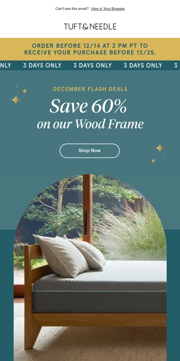 Email from Tuft & Needle. Save 60% on our Wood Frame