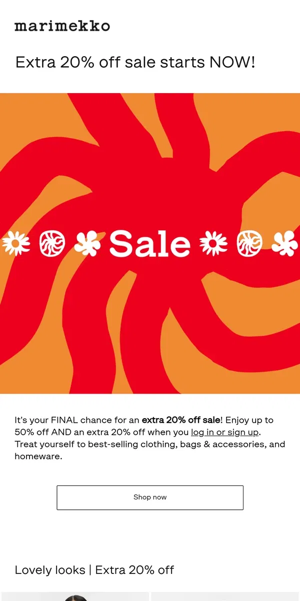 Email from Marimekko. EXTRA 20% off sale starts NOW 💥