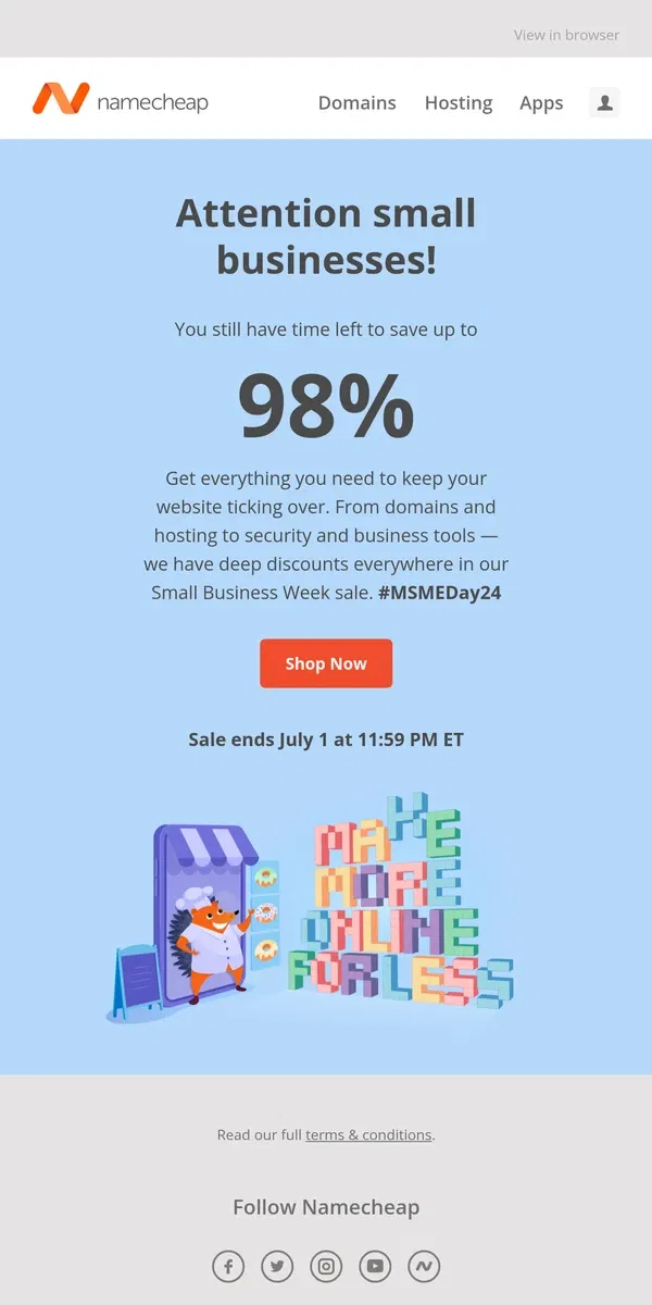 Email from Namecheap. Hurry — there's still time to save up to 98%