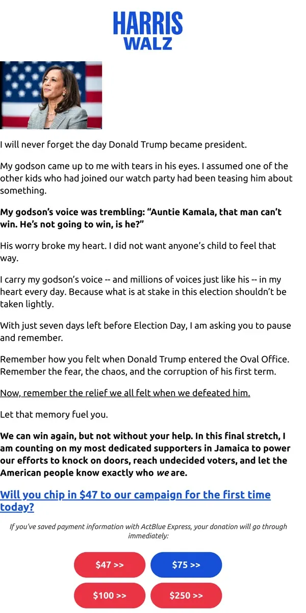 Email from Kamala Harris. I am asking you to pause and remember how you felt when Donald Trump entered the Oval Office