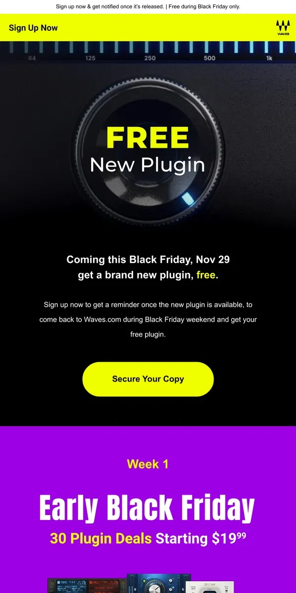 Email from Waves Audio. Coming Soon 📣 FREE New Plugin: Secure Your Copy